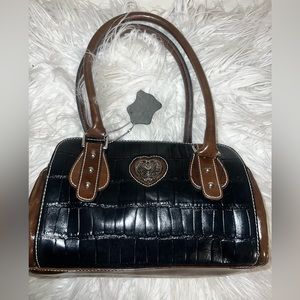 Genuine leather cowgirl style black and brown handbag heart details